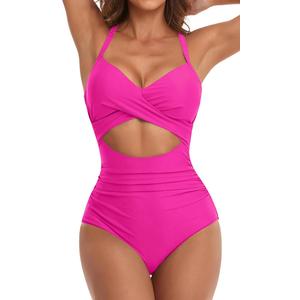 Eomenie Women's One Piece Swimsuits Tummy Control Cutout High Waisted Bathing Suit Wrap Tie Back 1 Piece Swimsuit M