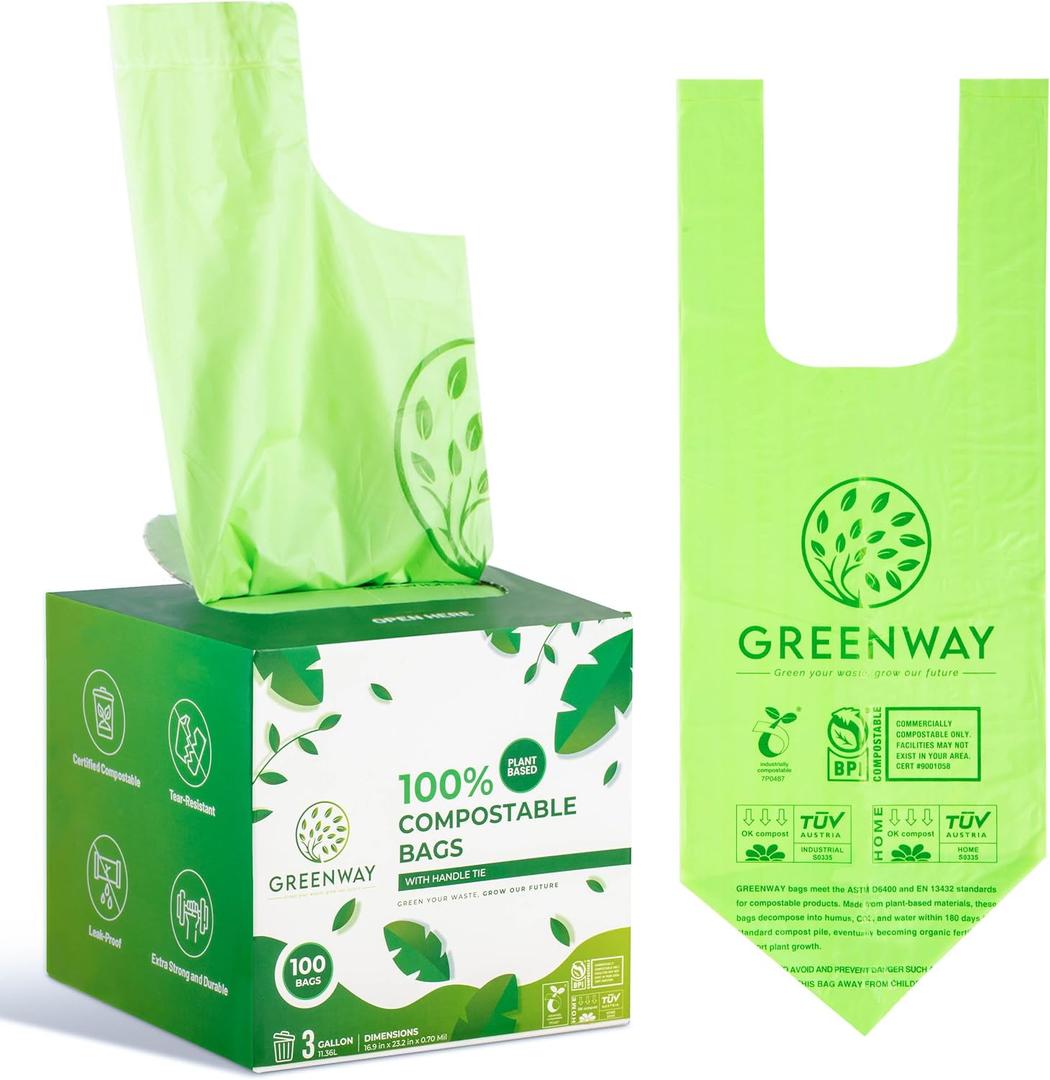 GREENWAY 3 Gallon Compostable Bags with Handles, 100 Count, 0.70 Mil, Food scrap bags, US BPI & Europe OK Compost Home Certified