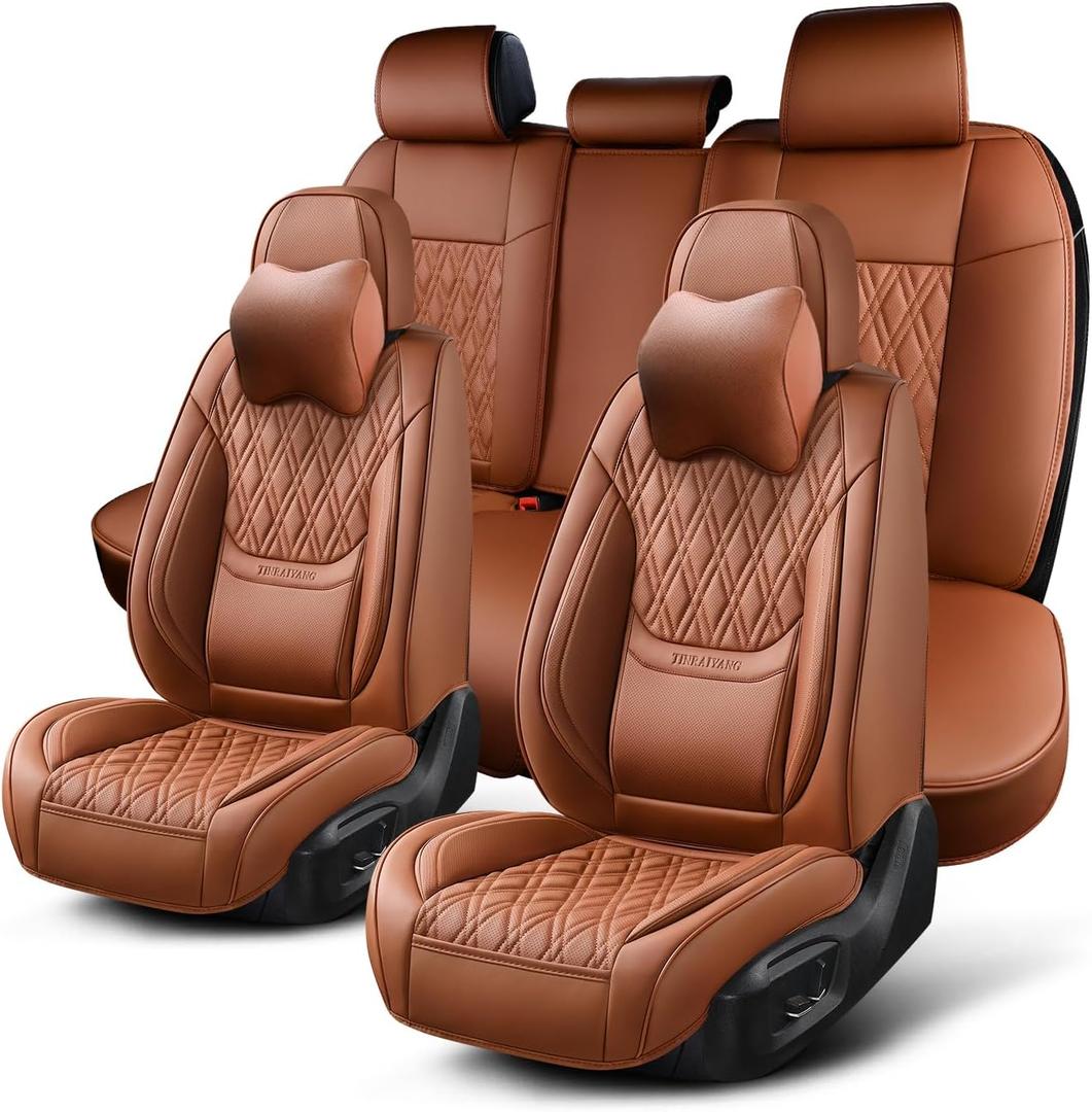 Car Seat Covers Full Set, Breathable Leather Automotive Front and Rear Seat Covers & Headrest, Universal Automotive Vehicle Seat Cover for Most Sedan SUV Pick-up Trucks, Brown (Front Pair and Rear)