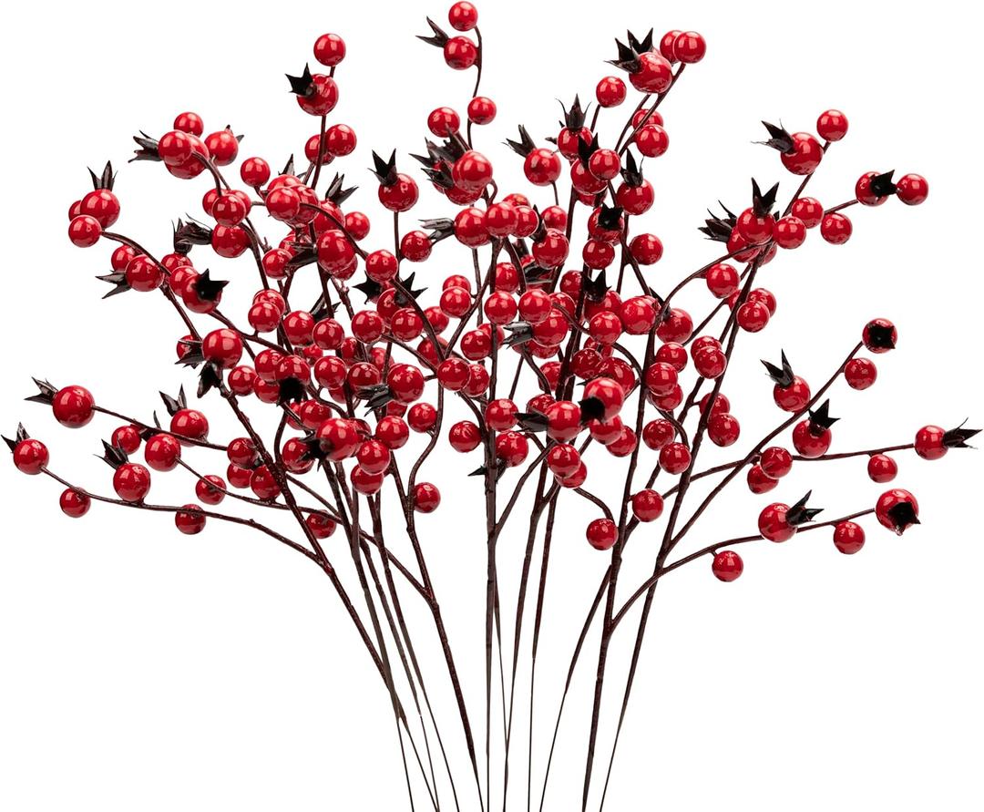12 Pcs Artificial Red Berry Stems, 13.8" Waterproof Berry Branches with Calyx, Holly Berry Picks for Christmas Tree Decor Wreath Decoration DIY Crafts Gift Wrapping Home Holiday Wedding