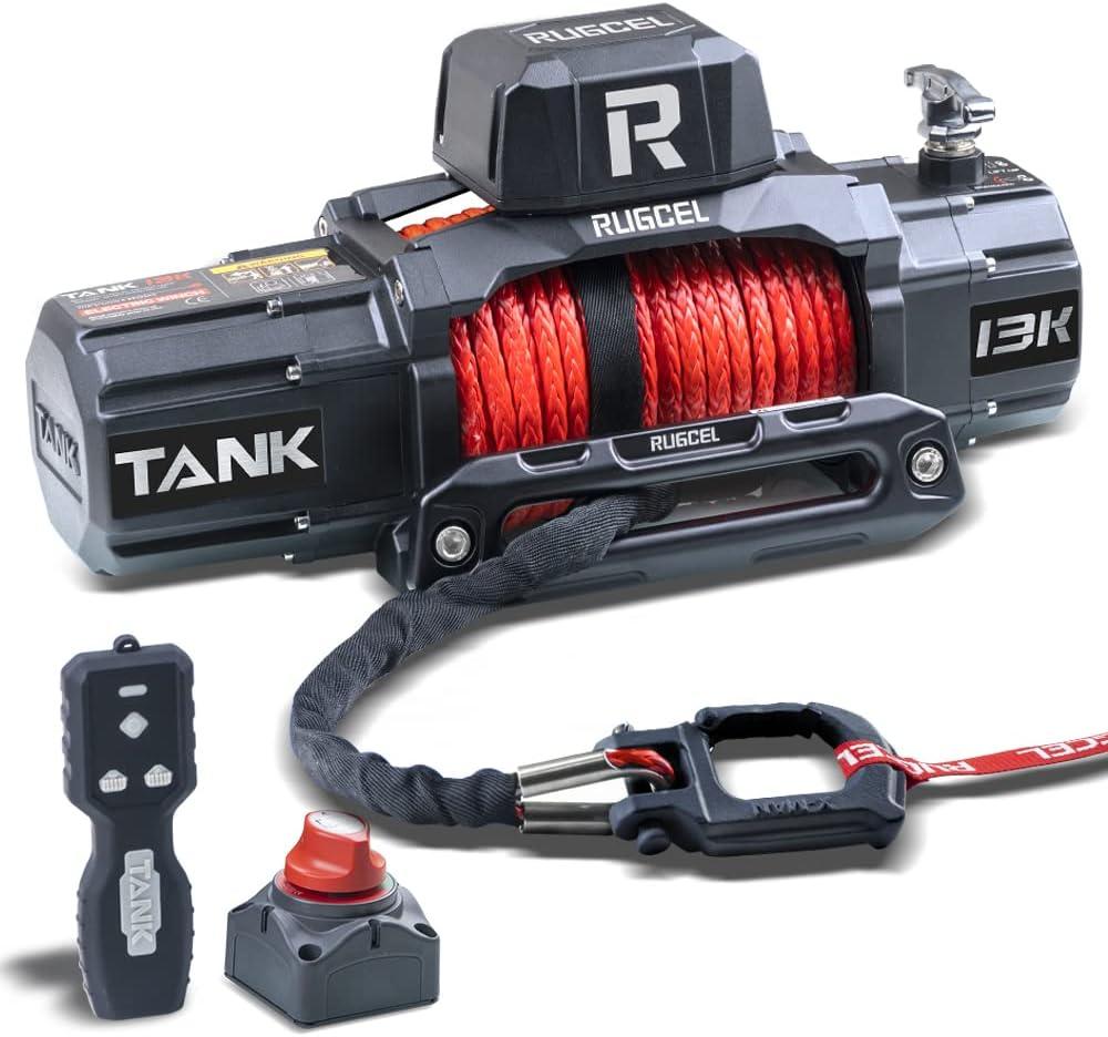 RUGCEL WINCH 13500lb New Waterproof Electric Synthetic Rope Winch 12V with Hawse Fairlead,2 in 1 Infrared Remote Control,Wired Control,Red Rope,for Truck SUV