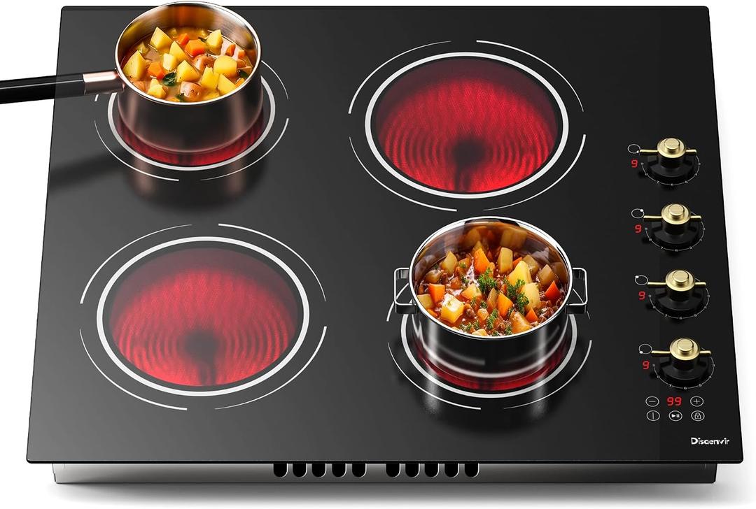 24 Inch Electric Cooktop - 4 Burner Drop-in(22.05"x19.3") Ceramic Stove Top 6000W, 220V Electric Stove, 9 Power Level, Pause, Safety Lock, Touch & Knob Control, 240V Hard Wired (No Plug)