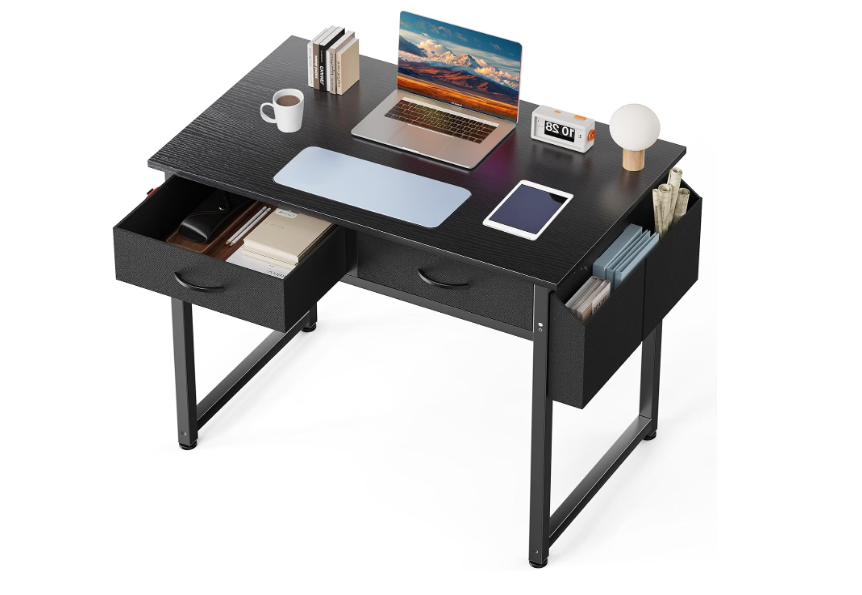 DUMOS 32" Home Office Computer Desk with Drawers, Small Gaming Writing Study Table with Storage Side Bag, Headphone Hook and Adjustable Feet for Bedroom Black