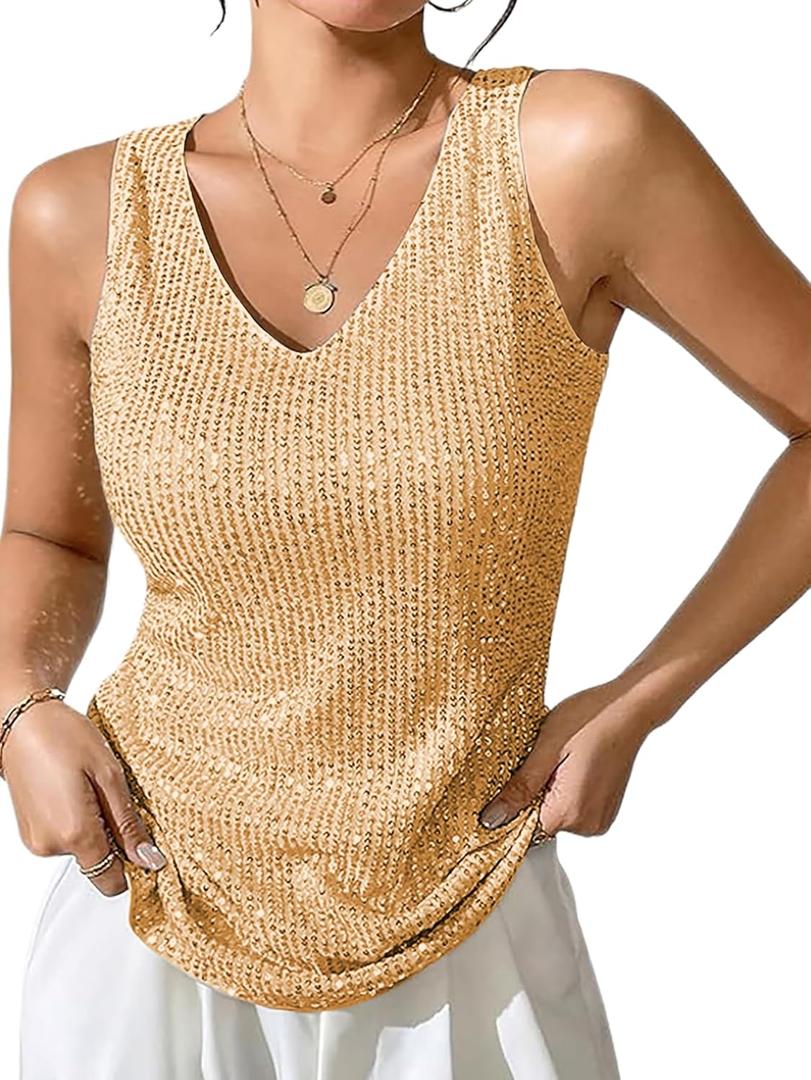 SweatyRocks Women's Sequin Tank Tops V Neck Sparkly Tops Sleeveless Glitter Vest Party Outfits S