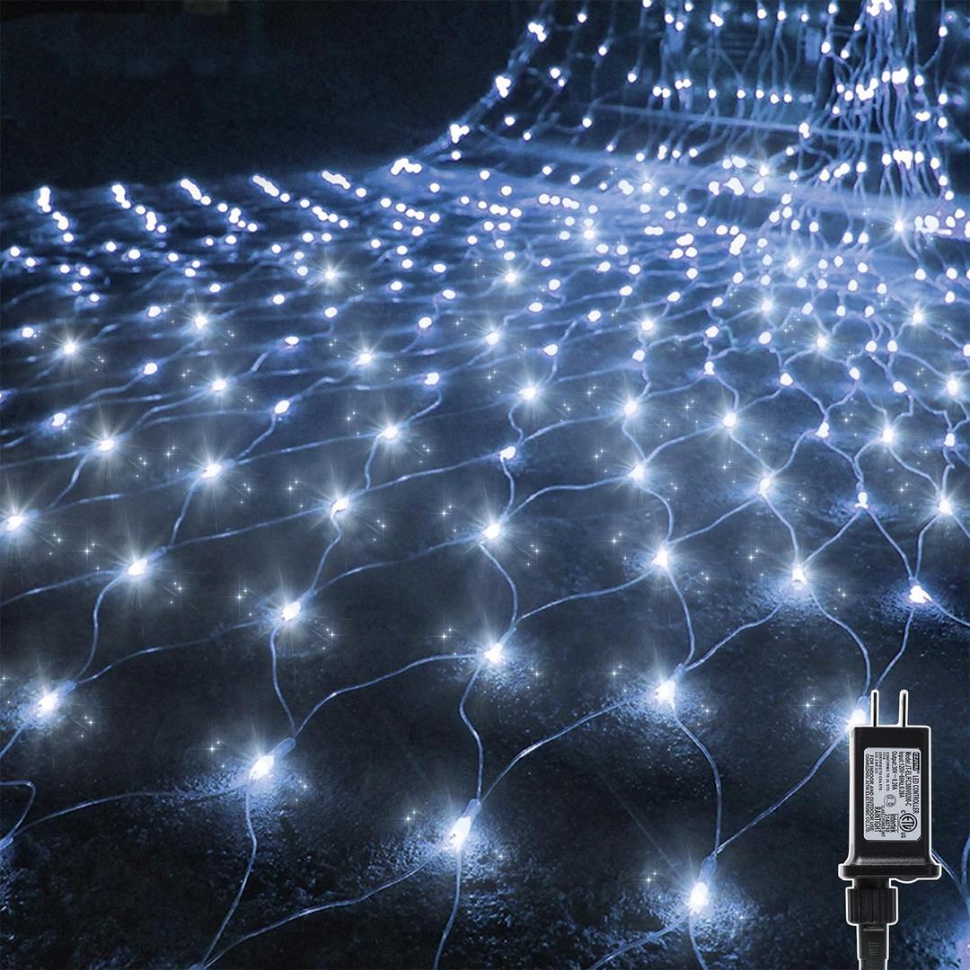 WATERGLIDE Outdoor Christmas Net Lights, 12FT x 5FT 360 LED Mesh String Light with 8 Lighting Modes, Connectable Waterproof Lights for Garden Tree Bushes, Holiday Wedding Party Decorations, White