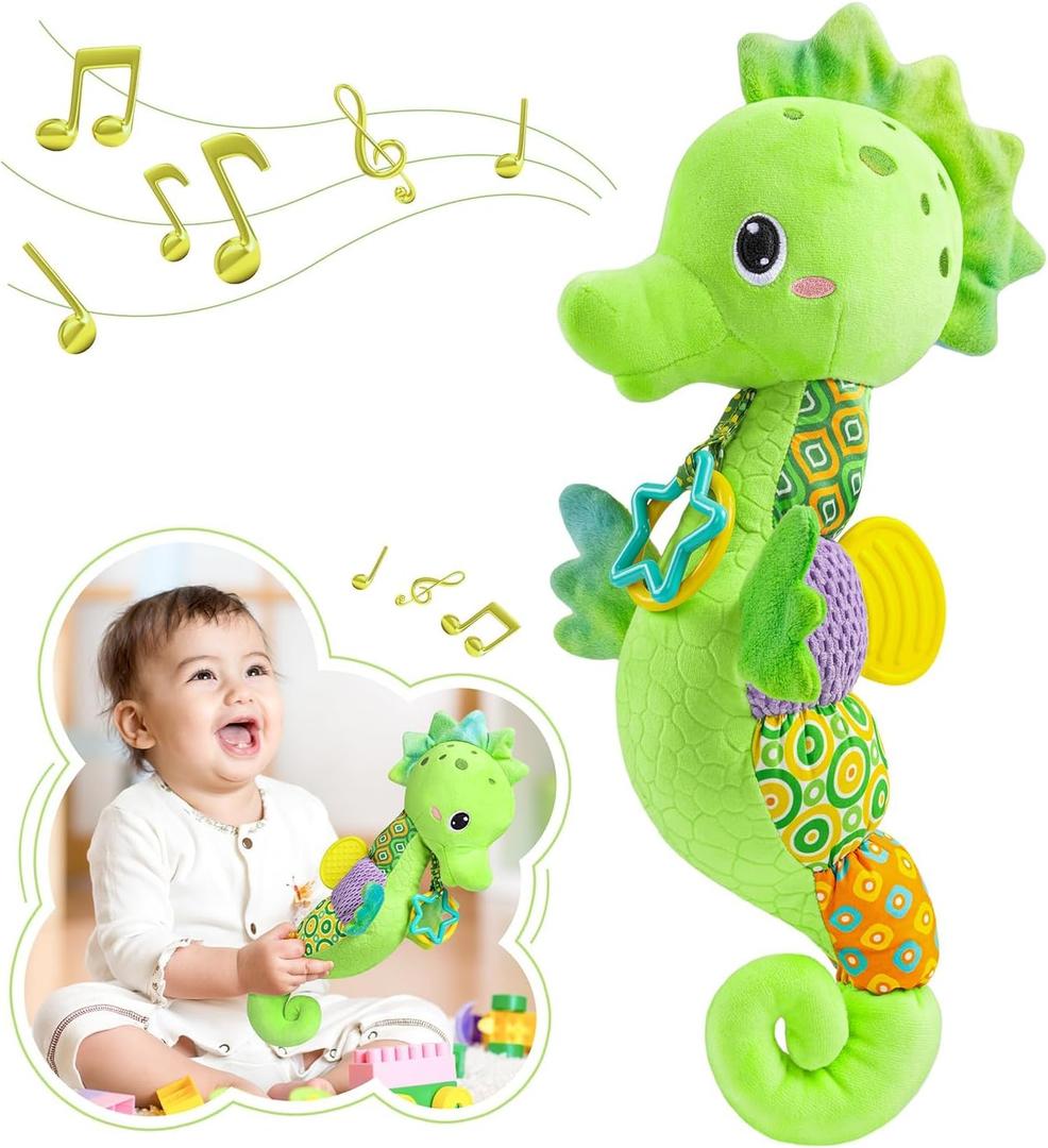 Awotoy Baby Toys 0 to 12 Months, Musical Stuffed Animal Activity Soft Toys with Multi-Sensory Crinkle, Rattle and Textures, Infant Tummy Time Toys for Newborn Boys Girls, Seahorse, Green