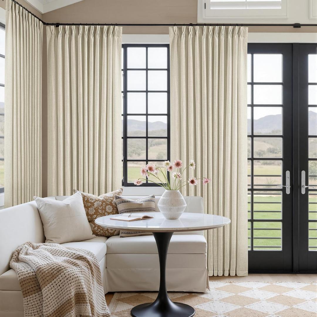 Pinch Pleated Extra Wide Beige Linen Curtain 90 Inches Long 70 Wide 1 Panel | for Patio Sliding Door Living Room, Pinch Pleat with Hooks Rings, Room Divider, Light Filtering Semi Sheer Privacy W70xL90