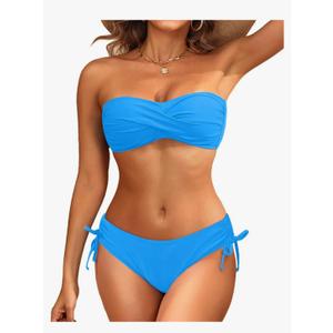 Women's Strapless Bandeau Bikini Set - Twist Front Two Piece Swimsuit Top with Side Tie Bathing Suit Bottom, Large Size