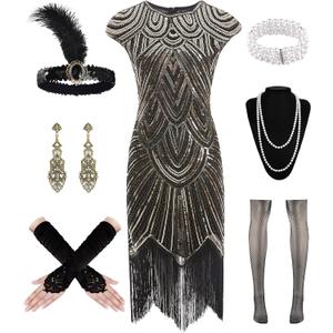 WILDPARTY 1920s Women Flapper Dresses Sequin Dresses Vintage Lace Fringed Cocktail Dress with 20s Accessories Set (3X-Large, Black-gold)
