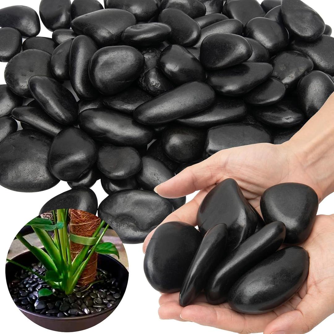 Black River Rocks - Large Polished Black Pebbles for Plants & Garden Decorative Stones, 1-2 Inch, 15 Pound