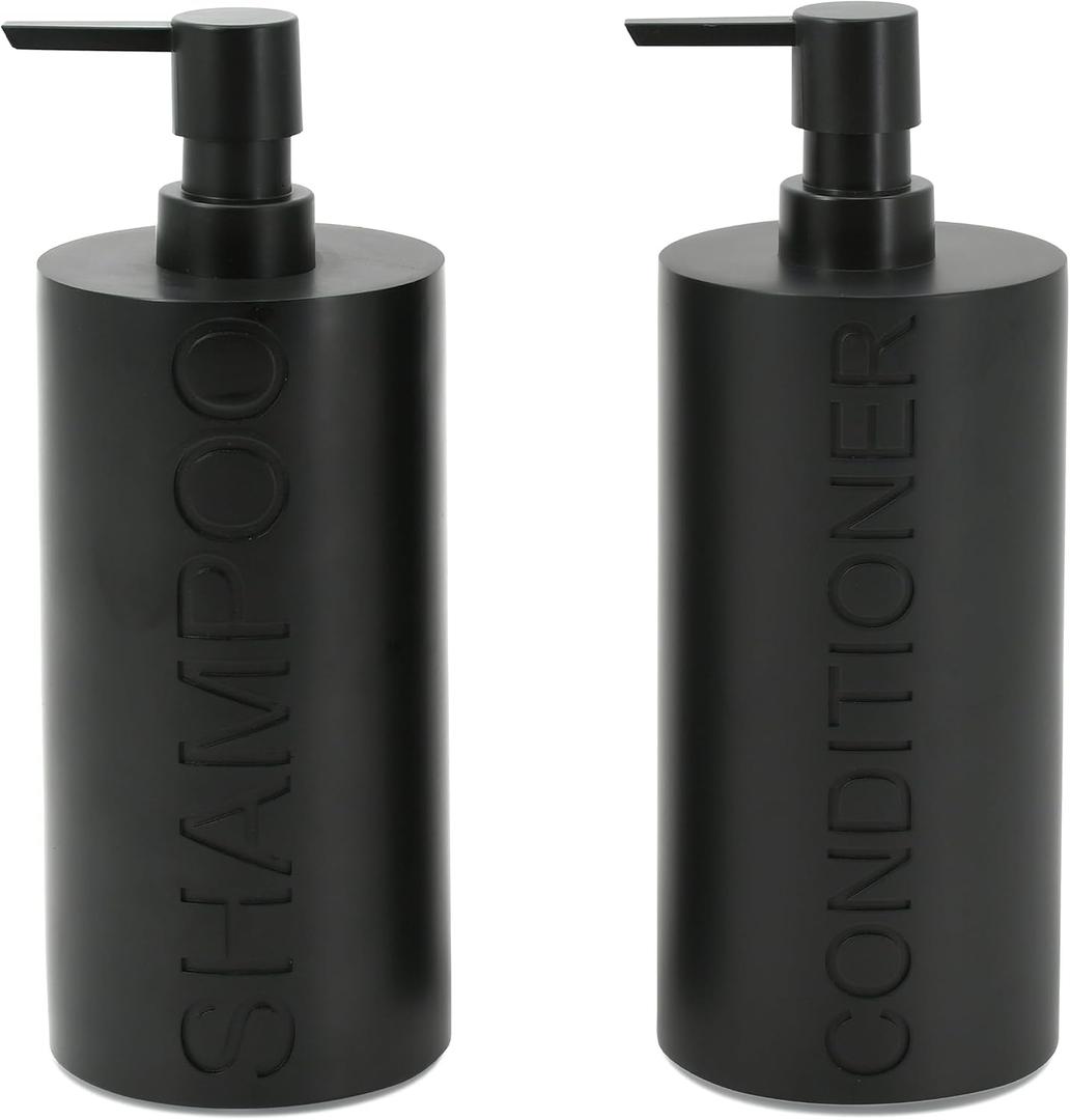 2-Pack Matte Black Resin Refillable Shampoo & Conditioner Bottles Modern Bathroom Pump Dispenser Set, Durable Resin Shower Containers with Embossed Labels, Reusable Pump Bottle