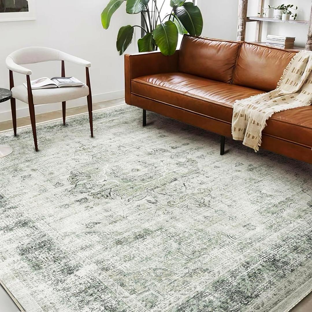 CHAMPLANT Area Rug 6'x9' Washable Floral Green Vintage Traditional Floor Cover Thin Retro Kitchen Indoor Distressed Non Slip Carpet for Living Room Bedroom Dining Room