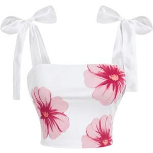 Milumia Women's Floral Bow Tie Shoulder Tank Top Sleeveless Square Neck Crop Tops, S