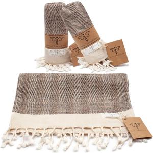 SMYRNA TURKISH COTTON Herringbone Series Turkish Hand Towels Set of 2, 16x40 inch, Decorative Turkish Hand Towels for Bathroom, Kitchen, Face, Hair, Tea, Yoga, Gym, Dishcloth Set of 2, Latte