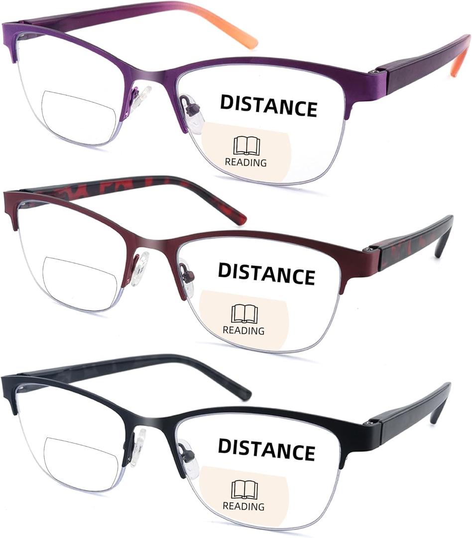 3 Pack Bifocal Reading Glasses for Women Men Bi-Focal Readers Metal Half Frame Spring Hinge Dual Focal Eyewear (Multicolor, +1.25) (Black & Purple & Burgundy)