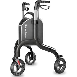 SOUNDFUSE 3 Wheel Walkers for Seniors, Lightweight Foldable Aluminum Rollator Walker, Height Adjustable Three Wheel Walker, Black