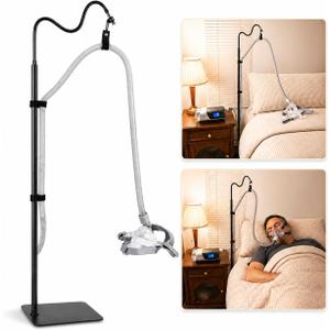 CPAP Hose Holder for Bed, Full Metal Bedside CPAP Hose Stand with Under-Mattress Base, Adjustable Flexible Arm, Curved Mask Hook and Hose Straps, No-Drill CPAP Accessories,Black