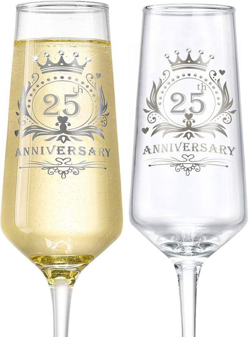 ROXBURGH 25th Wedding Anniversary Champagne Flutes Present Rhinestones Studded, 25th Anniversary Decorations 7 OZ Crystal Champagne Glasses Set of 2, Wedding Present, Couples