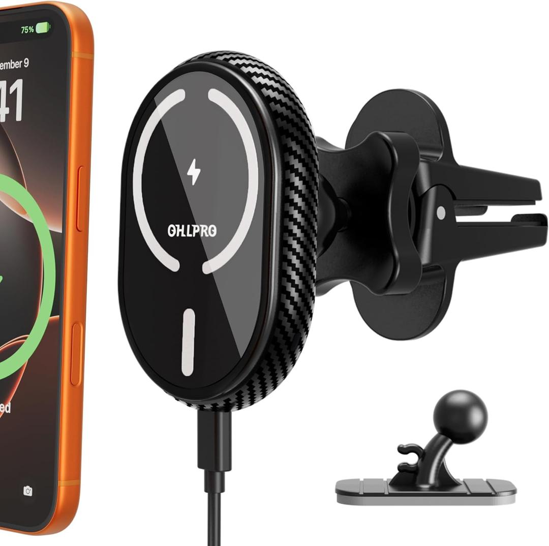 OHLPRO for iPhone 17 Magsafe Car Mount Charger, 15W Fast Charging Magnetic Holder with 3M Adhesive Base for Dashboard, Mag Car Holder for Vent Clip Compatible with iPhone 16/15/14/13 Pro Max, Black
