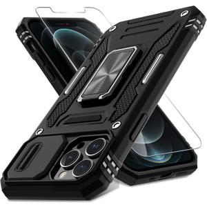 DEERLAMN Case for iPhone 13 Pro Max with Slide Camera Cover+Screen Protector(1 Pack),Rotated Ring Kickstand Military Grade Shockproof Protective Cover 6.7 Inch-Black