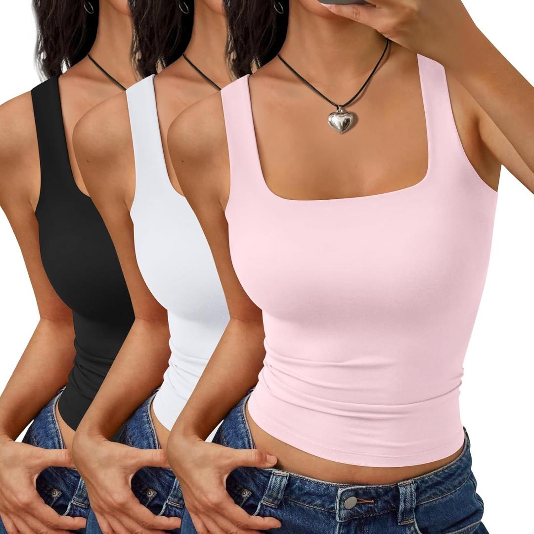 rendy Queen 3 Pack Womens Double Lined Square Neck Tank Tops Crop Basic Summer Going Out Sleeveless Backless Shirts Pink White Black M