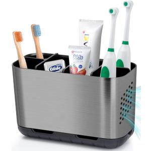 Boperzi Toothbrush and Toothpaste Holder Brushed Nickel Drainage for Bathroom Vanity, Large Electric Toothbrush Storage Caddy Anti-Slip Rustic with Adjustable Dividers for Family, Kids