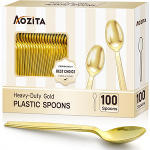 100 Gold Disposable Plastic Spoons, Heavy Weight Disposable Spoons Plastic Utensils for Parties, Weddings, Picnics, Big Event, Daily Use - BPA FREE