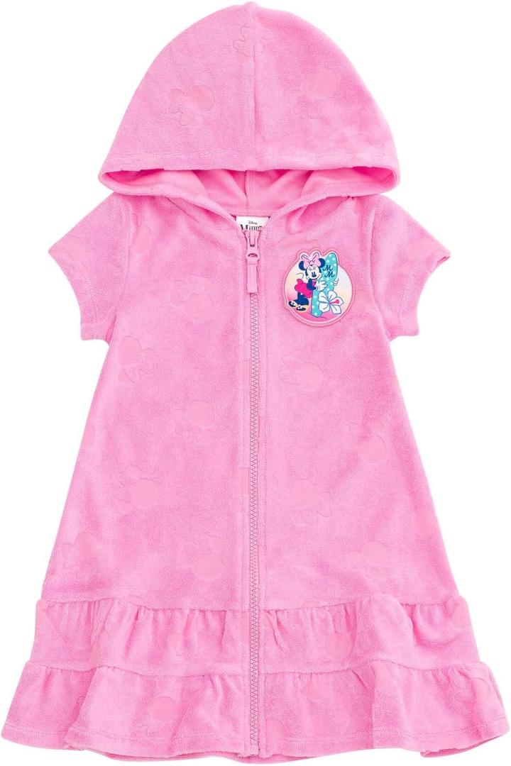 Disney Junior Girls Loop Terry Cloth Hooded Zip Up Swimsuit Cover-Up Toddler to Big Kid Sizes (2T - 14-16) (4T, Pink, Minnie Mouse)