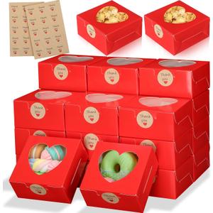 25 Pcs Red Bakery Boxes for Women Mother with Window Heart Cupcake Treat Cookie Dessert Box Bulk Mom Gift for Chocolate Strawberries Donuts Candy Party Favor (4x4x2 Inch)