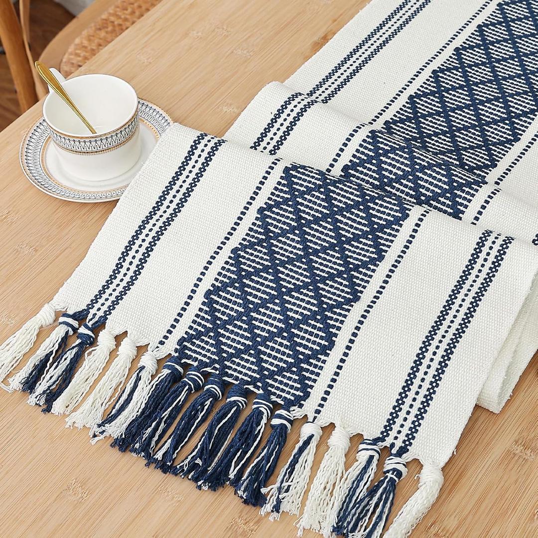 Rustic Table Runner with Tassels, Blue and White Bicolor Woven, Washable, 14"x72", Perfect for Entryway, Dining Room, Kitchen, Weddings, Holidays, and Party Decor