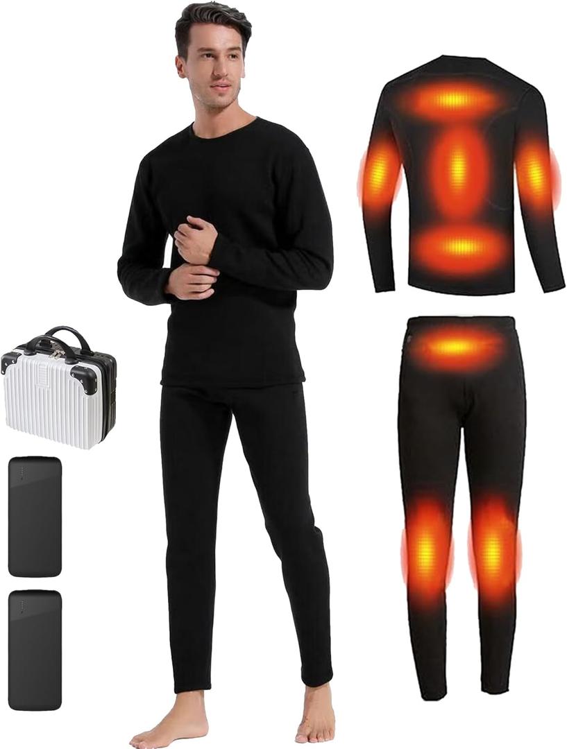 Heated Thermals Underwear Set for Men 8 Heating Zones Heated Pants and Shirt with 2 * 10000mAh Battery (X-Large, Black)