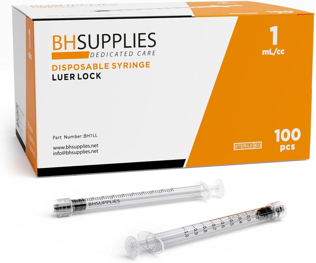 BH Supplies 1ml Luer Lock Tip Syringes (No Needle) - Sterile, Individually Wrapped - 100 Syringes BH Supplies 1ml Luer Lock Tip Syringes (No Needle) - Sterile, Individually Wrapped - 100 Syringes