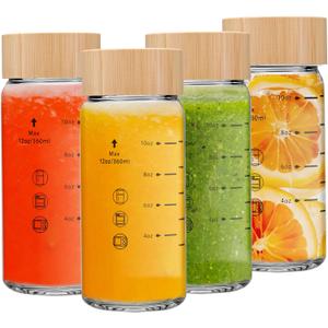 12oz Juice Bottles - 4 Pack Wide Mouth Glass Bottles with Lids- BPA Free, Bamboo Lids for Juicing, Smoothies, Infused Water, Beverage Storage - Leakproof, Borosilicate, Clear