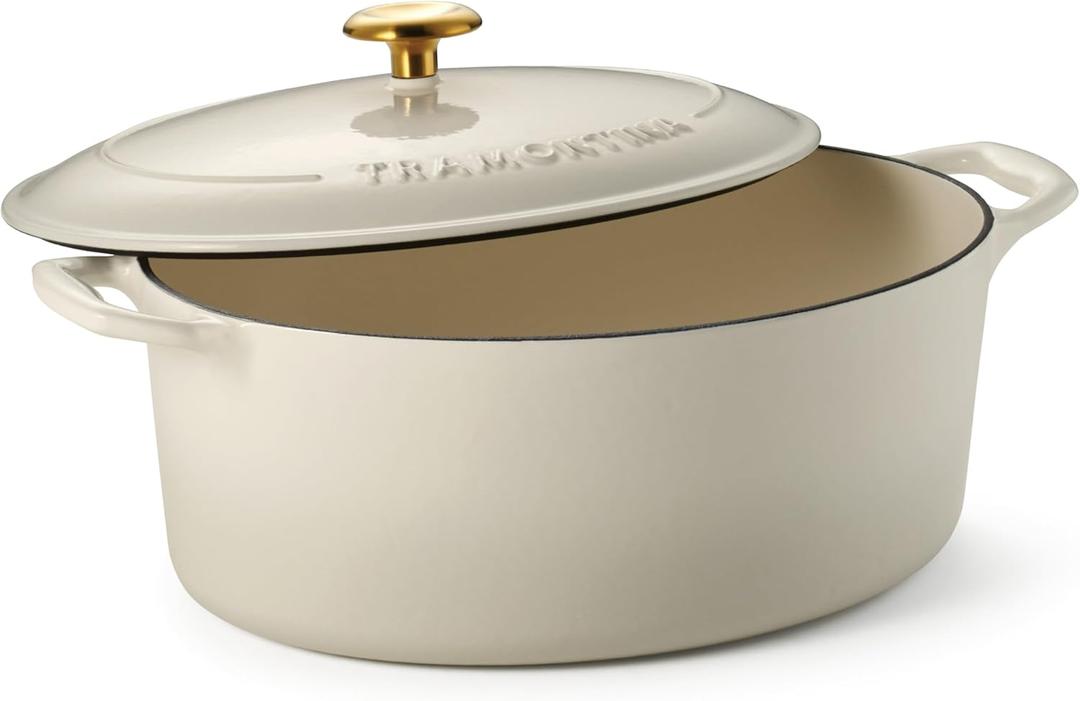 Tramontina Bestow Enameled Cast Iron Oval Dutch Oven Pot with Lid, Large 7-quart, Latte (Gold Knob)