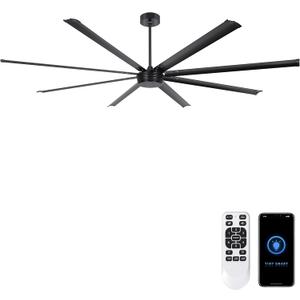 Ohniyou 96'' Industrial Ceiling Fan No Light - High CFM Large Metal Fan with 8 Aluminum Blades, Remote/APP Controlled, DC Motor, for Shop, Warehouse, Gym, Black