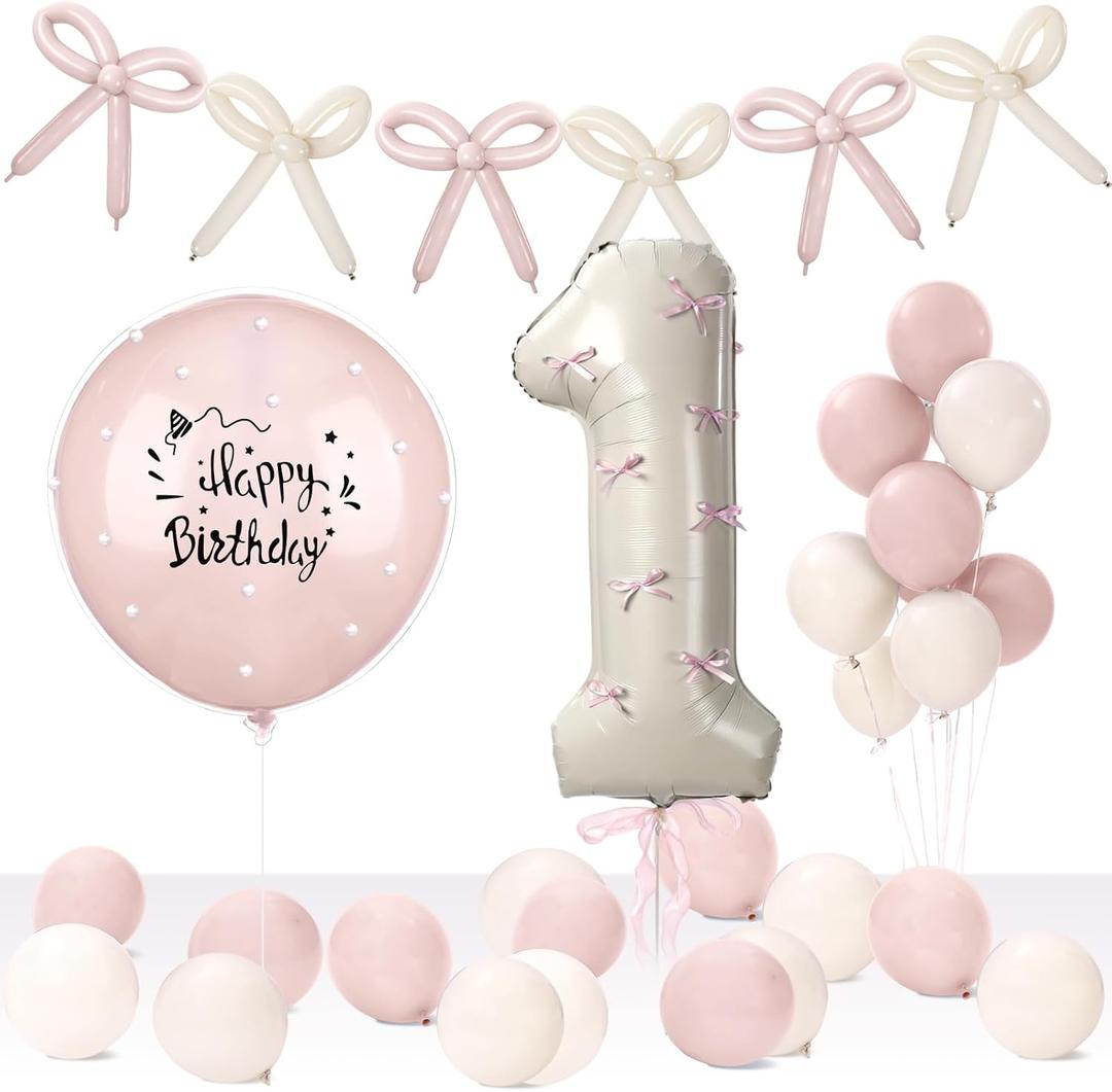1st Birthday Decorations for Girl Happy First Birthday Baby Decoration 40 Inch Number 1 Balloon Pink White Banner Double Layer Bobo Balloons for Baby One Year Old Party Decor (Multi)