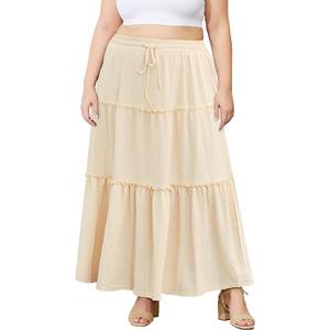 Moon Wood Women's Plus Size Maxi Skirt High Waisted Pleated A Line Flowy Tiered Long Skirts with Pockets 3XL
