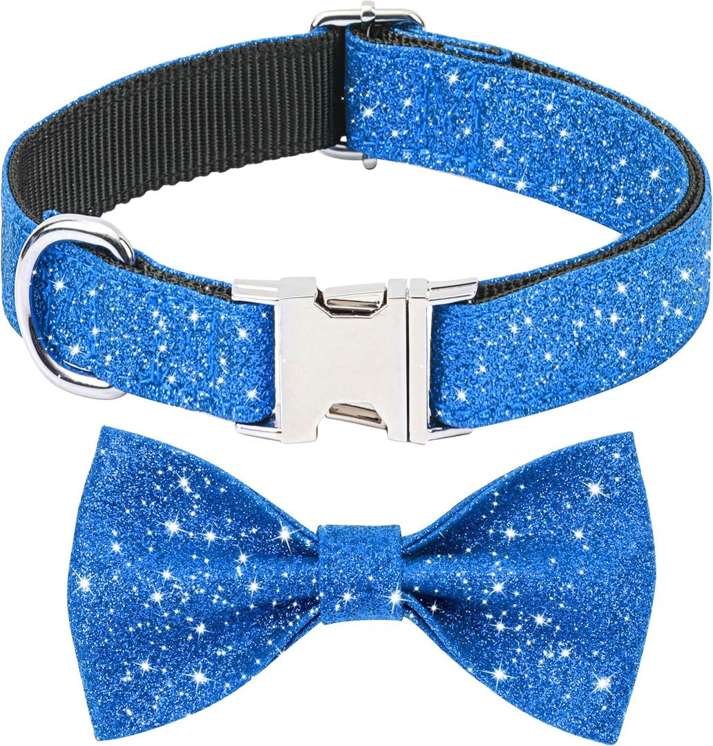 Blue Boy Dog Collar with Bow, Bling Male Bowtie Dog Collar for Puppy Small Medium Dogs, Cute Dog Collar for Daily Walking or Holiday Party (Neck fit 11-16)