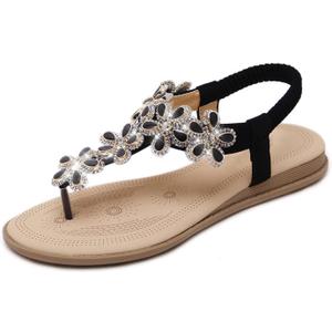 iCKER Women Sandals Rhinestone Dressy Casual Summer flat flip flops Comfortable Sandals (6.5, 929-black)