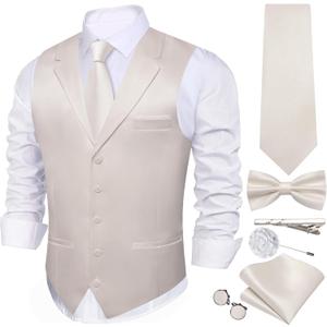 Barry.Wang Vest Tie Set for Men Solid Color Suit Vest Necktie Cufflinks Bow Tie Set Formal Business Wedding Party (X-Large, Champagne)