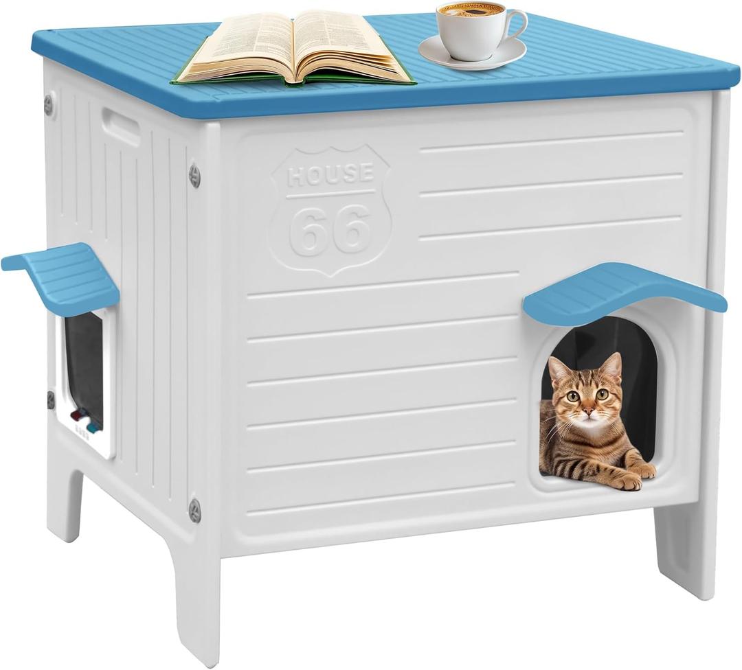 Rockever Insulated Outdoor Cat House, Waterproof Cat House for Outdoor Cats with Escape Door, Plastic Feral Cat House Outdoor Indoor, Spacious and Clean Easily (Blue,M)