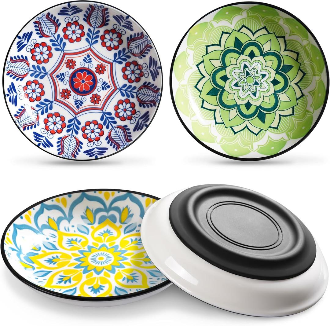 WROSWT Non-Slip Cat Bowl,Ceramic Cat Food Bowls with Silicone Bottom, Anti-Whisker Fatigue Cats Dishes Set, Shallow & Wide Kitten Plates for Food and Water, 4 Pack