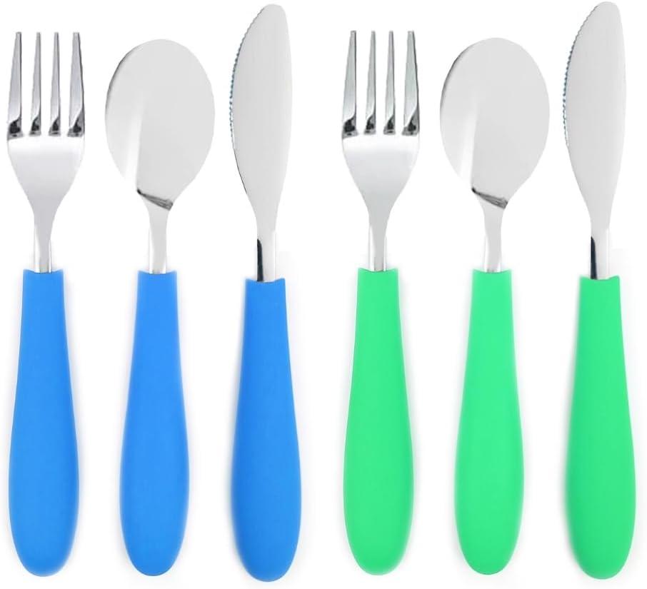 Elk and Friends Kids Silverware with Silicone Handle | Childrens Safe Flatware | Kids Utensils | Spoon + Fork + Knife set | 4 years+ | 6 Pieces (Green/Blue)