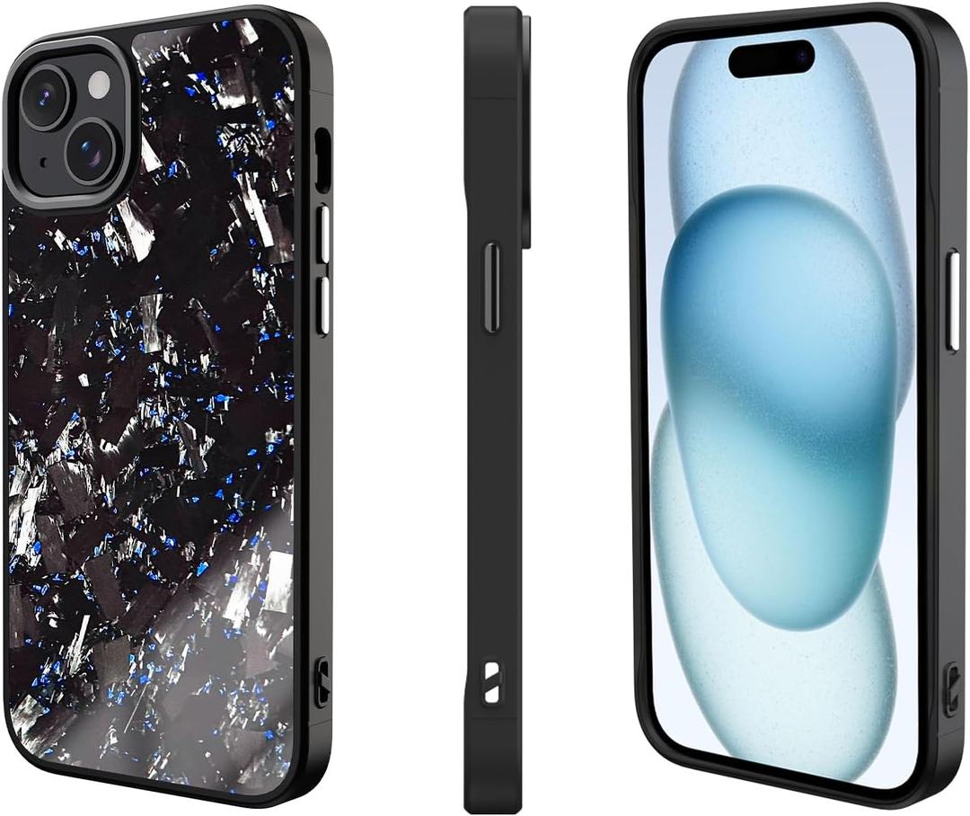 Genuine Forged Carbon Fiber Case for iPhone 15 Plus, Military Grade Drop Protection, Shockproof Phone Cover with Aluminum Alloy Buttons and Camera Frame - Glossy Blue