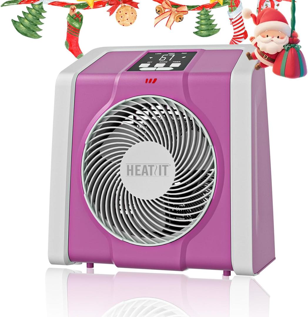 HEATIT Space Heater for Indoor, Digital Display with Thermostat, 1-12H Timer, Fan Mode,1500W/750W, Electric Space Heater for Office, Bedroom,Pink,10.6"Dx7.0"W x 11.8"H