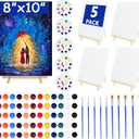 5 Pack 8x10 Inch Canvas and Easel Set, Sip and Paint Kit for Adults,Art Canvas Bulk with Easels Stands, Trays,Small Paint Brushes,12 Colors Mini Acrylic Paint Set for Couples,Kids and Party Supplies