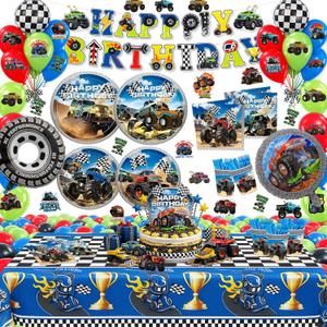 219pcs Truck Birthday Decorations, Monster Truck Party Decorations Set with Plates, Dessert Plates, Napkins, Cups, Forks, Knives, Balloons, Happy Birthday Banner, Tablecloth, and Stickers, Serves 24