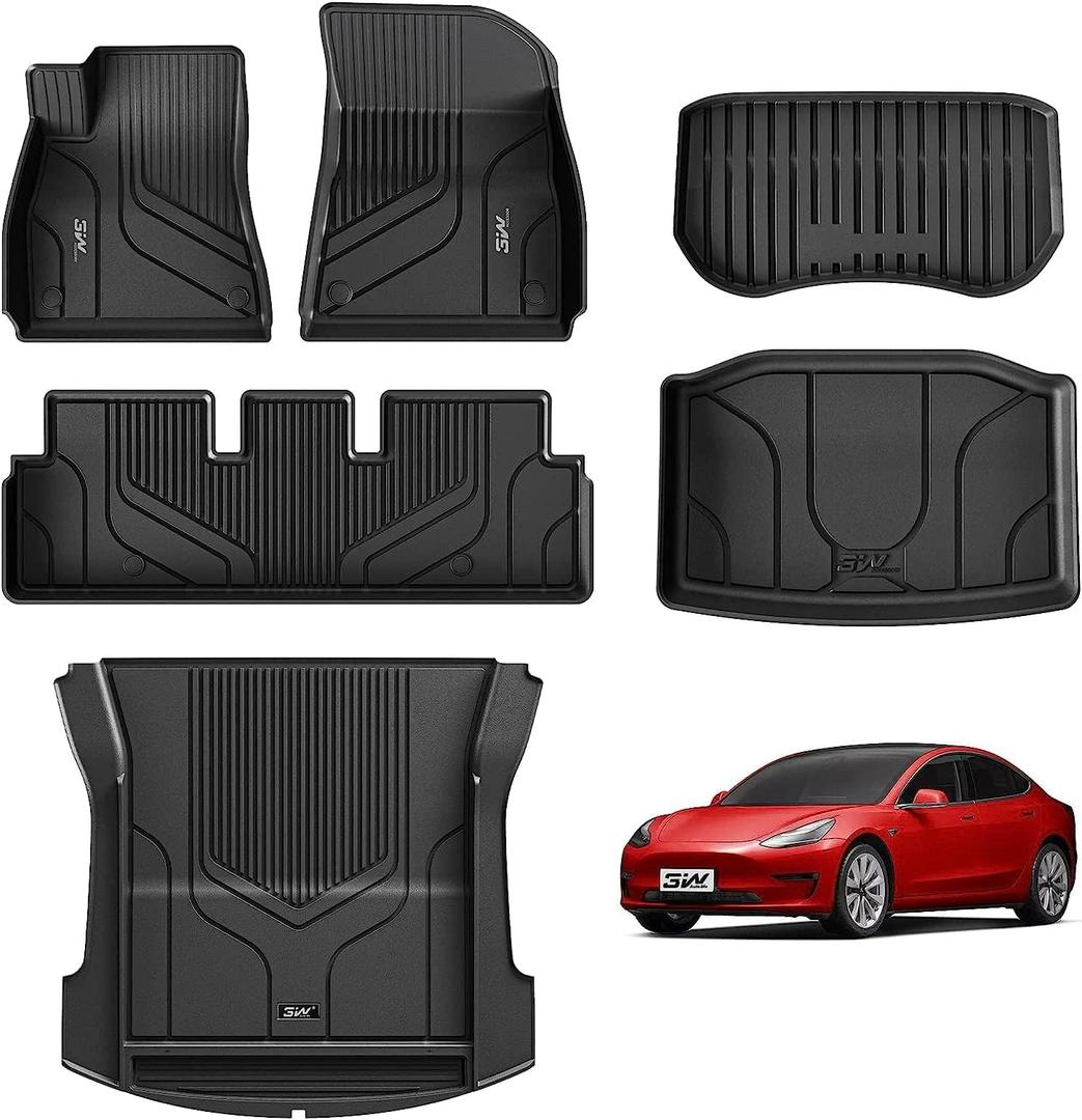 3W Tesla Model 3 Floor Mats and Trunk Mat, All-Weather TPE Floor Liner Compatible for Tesla Model 3 2021-2023, Full Set Black Floor Mats and Cargo Liner Mat Custom Fit