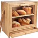Large Bamboo Bread Box for Kitchen Countertop, Double Layer Bread Boxes for Kitchen Counter with Utensil Tray Drawer Organizer, Large Capacity Bread Storage Container