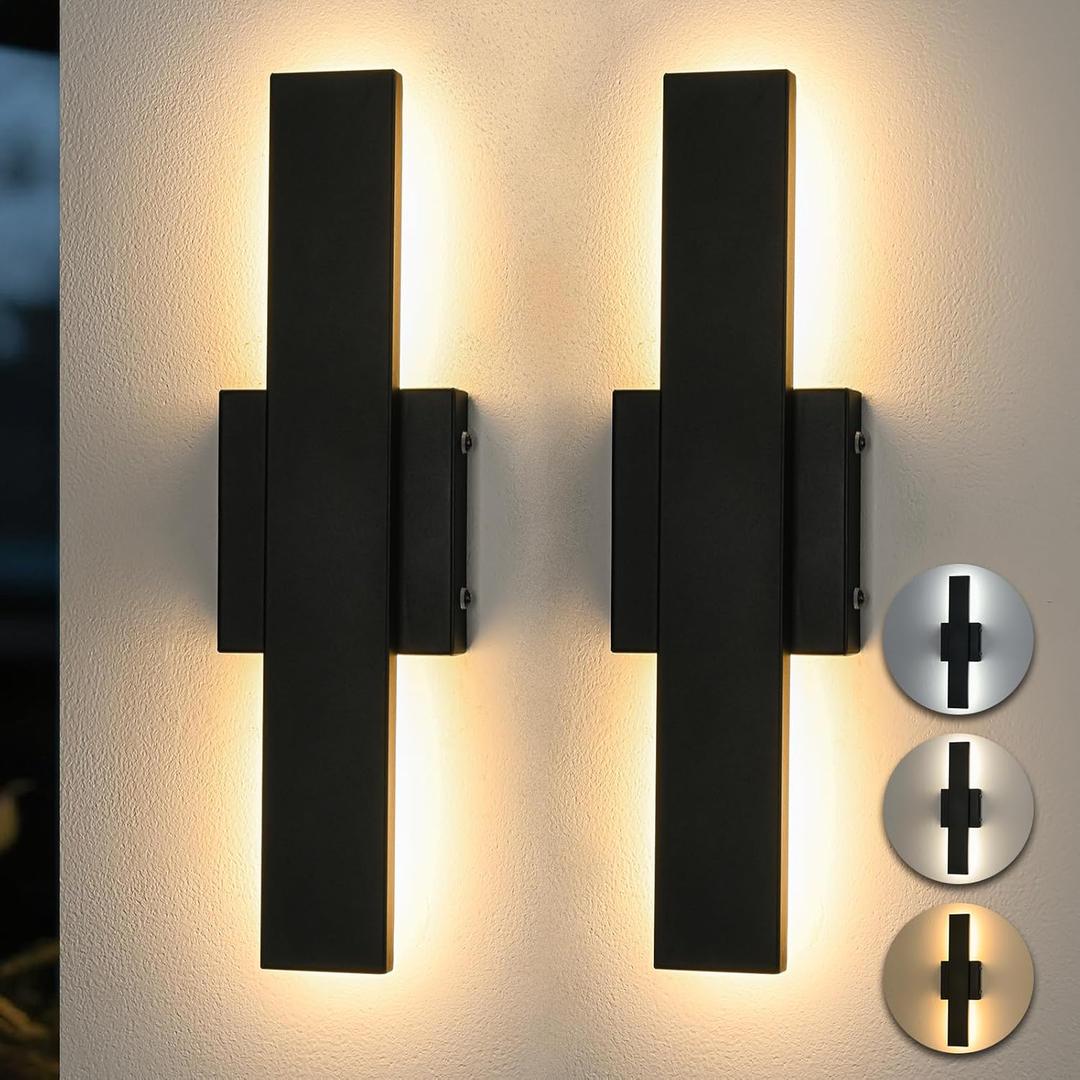 Outdoor Modern LED Wall Light, Linear Exterior Sconce, Waterproof Porch Light with Remote,3000K 4000K 5000K Dimmable Outdoor Lighting for Garage Door, Patio, Black (2-Pack)